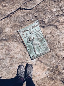 Appalachian Trail marker at Springer Mountain and hiking boots